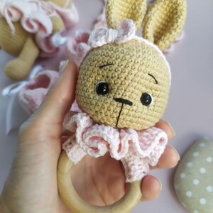 Handmade Crochet Newborn Bunny & Rattle Gift Set (2pc) – White Dress, Baby Shower Gift