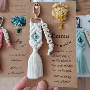 Personalized Evil Eye Macrame Keychain, Custom Name Keychain, Bridesmaid Proposal Gift, Bridal Party Gift, Wedding Favors, Gift for Friends