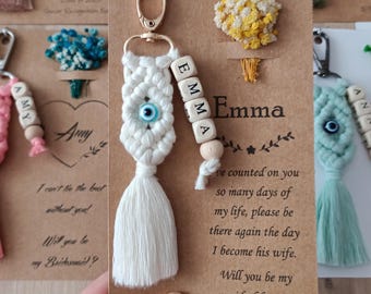 Personalized Evil Eye Macrame Keychain, Custom Name Keychain, Bridesmaid Proposal Gift, Bridal Party Gift, Wedding Favors, Gift for Friends
