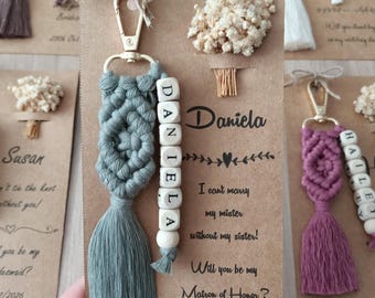 Bridesmaid Name Keychain, Personalized Macrame Keychain, Custom Boho Wedding Favor, Bachelorette Party Gift