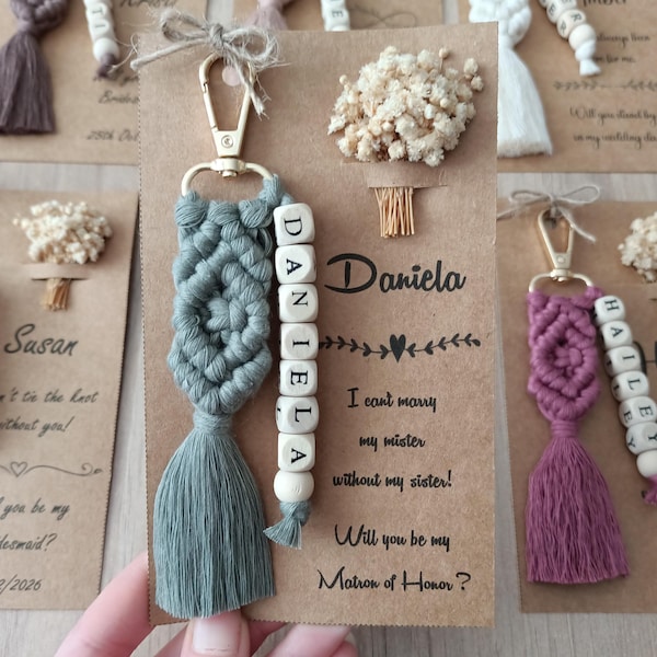 Bridesmaid Name Keychain, Personalized Macrame Keychain, Custom Boho Wedding Favor, Bachelorette Party Gift