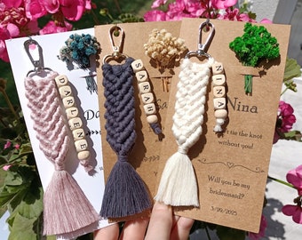 Portachiavi con nome in macramè con o senza biglietto, portachiavi con nome in legno, bomboniere in macramè per matrimoni, regalo per damigelle d&#39;onore, regalo per addio al nubilato, regalo per amiche