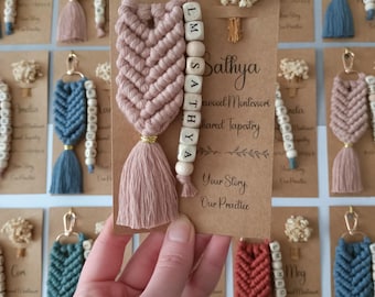 Personalized Macrame Keychain with Tassel & Wooden Name Beads, Custom Bag Charm, Bridesmaid Gift