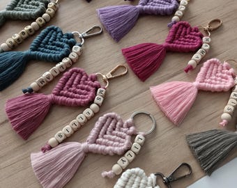 Personalized Heart Macrame Keychain, Custom Name Keyring, Bridesmaid Gift, Wedding Favor, Boho Bag Charm