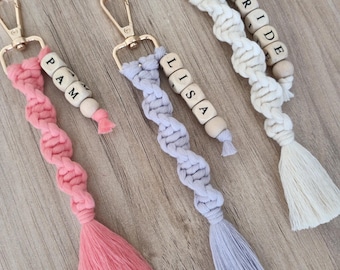 Personalized Braided Macrame Keychain: Wooden Name Beads & Cotton Tassel