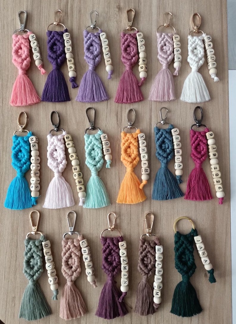Customizable Macrame Name Keychain with a lots color options. 44 different rope colors and 10 different hook types, Perfect gift ideas for friends and family. 
Macrame Name Keyring, Macrame Wedding favors, Bridesmaid Proposals, will you be my bridesmaids, maid of honor gift, matron of honor gifts
gift for her, gifts for friends,gifts for friends and co-workers, macrame bag charm, birthday gifts ideas, mother's day gifts, gift for mom, women's day gifts, gift for women, valentines day gift