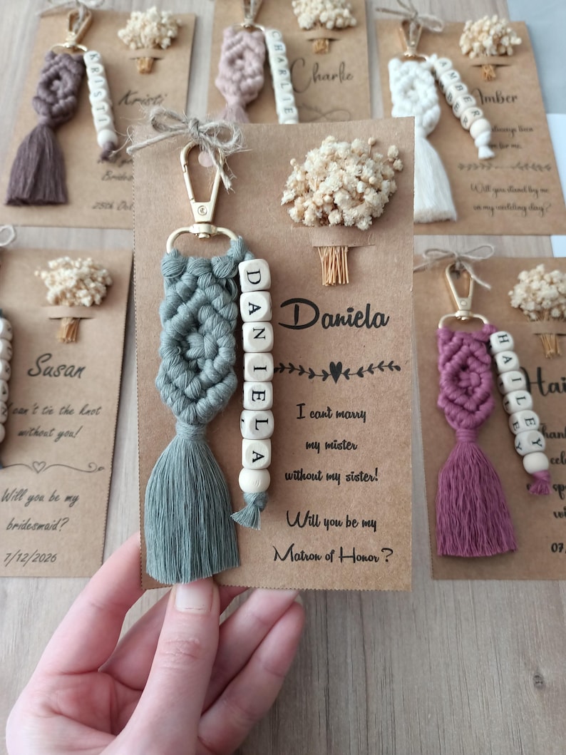 Bridesmaid Name Keychain, Personalized Macrame Keychain, Custom Wedding Favor, gifts for  your bridesmaids and friends, Custom Name Keychain, Bridesmaid Gift, Matron of Honor Gifts, will you be my Bridesmaid, Tie the Knot gifts, Bridal Shower Favors, Bridal Shower Bag. Custom Name Keychain for Bridesmaids, Bridesmaid Proposal gifts, Thank you Gifts, Gifts for Bridesmaid, Teacher Appreciation Gifts, Christmas Gifts, Beaded Keychain, Perfect gift for Weddings, bridal shower, or special occasions
