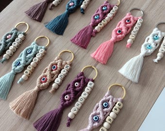 Personalized Macrame Keychain, Evil Eye Charm, Custom Name