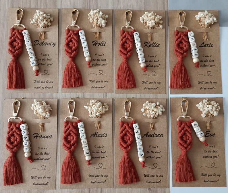 Name Keychain , Personalized Macrame Name Keychain for  Bridesmaid gift , Matron of Honor Gift, Be my Bridesmaid, Tie the Knot, Bridal Shower Favors, Bridal Shower Bag, Macrame Favors. Custom Name Keychain for Bridesmaids, Bridesmaid Proposal.