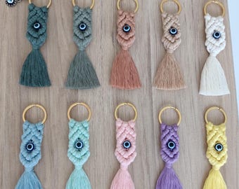 Evil Eye Macrame Keychain, Turkish Nazar Charm, Handmade Boho Bag Charm
