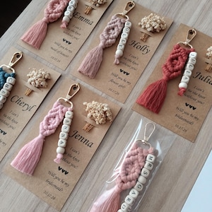 Macrame Name Keychain, Personalized Keychain Bridesmaid gift, Matron of Honor Gift, Tie the Knot Gifts, Bridal Shower Favors, Bridal Shower Bag, Macrame Favors. Custom Name Keychain for Bridesmaids, Bridesmaid Proposal, Maid of Honor Gifts, Matron of Honor Gifts, Co-worker Gifts, Graduation Gifts, Gifts for friends, Teacher Gifts, personalized keychain, custom wooden gift, birthday present, handmade accessory, boho keychain, beaded keychain, bridesmaid proposal, bulk favor, bridal party gifts