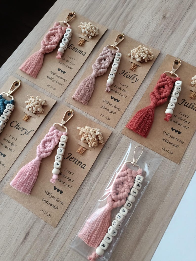 Macrame Name Keychain, Personalized Keychain Bridesmaid gift, Matron of Honor Gift, Tie the Knot Gifts, Bridal Shower Favors, Bridal Shower Bag, Macrame Favors. Custom Name Keychain for Bridesmaids, Bridesmaid Proposal, Maid of Honor Gifts, Matron of Honor Gifts, Co-worker Gifts, Graduation Gifts, Gifts for friends, Teacher Gifts, personalized keychain, custom wooden gift, birthday present, handmade accessory, boho keychain, beaded keychain, bridesmaid proposal, bulk favor, bridal party gifts