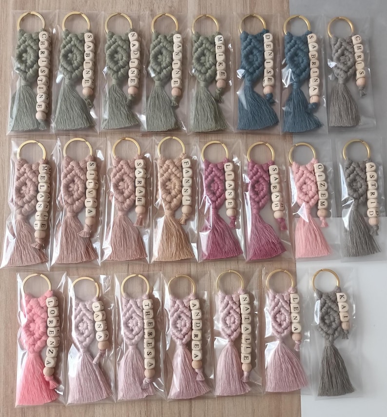 Customizable Macrame Name Keychain with a lots color options. 44 different rope colors and 10 different hook types, Perfect gift ideas for friends and family. 
Macrame Name Keyring, Macrame Wedding favors, Bridesmaid Proposals, will you be my bridesmaids, maid of honor gift, matron of honor gifts
 gifts for her, gifts for friends, christmas gifts for friends and co-workers, macrame bag charm, birthday gifts ideas, baby shower gifts, teacher appreciation gifts, co-worker gifts