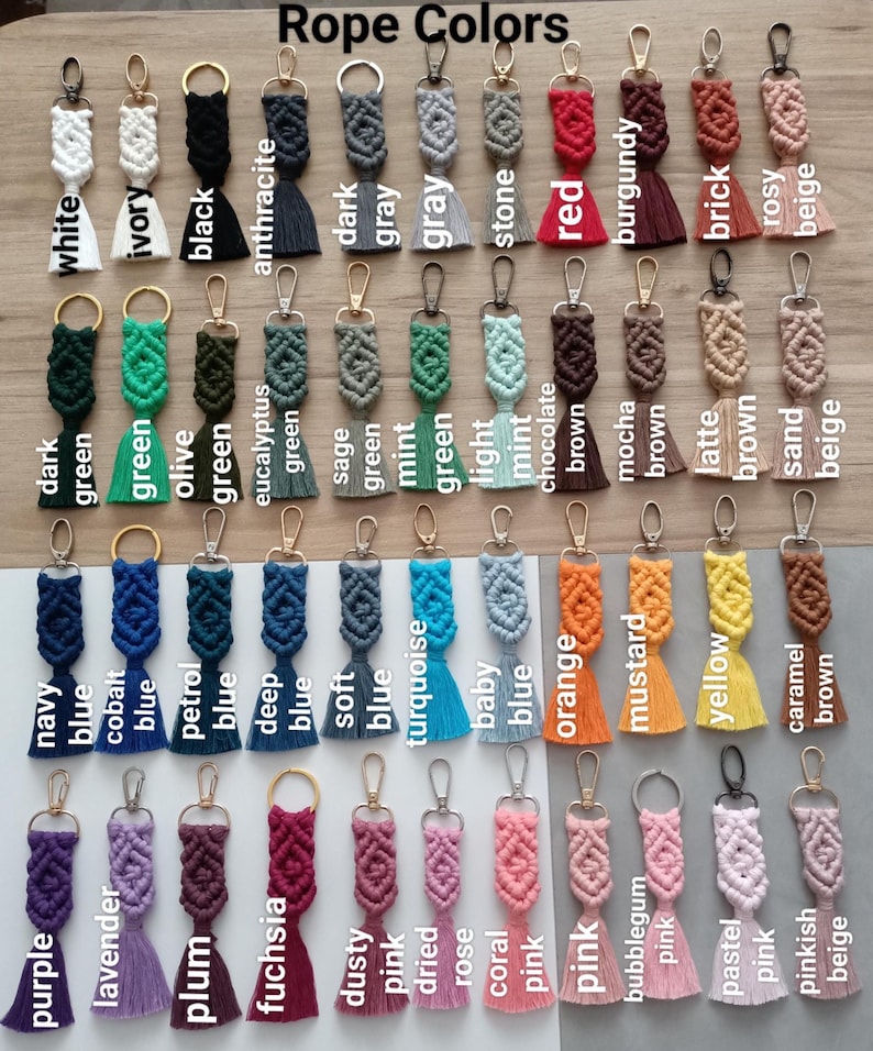 Macrame Name keychain gifts with a lot of rope color options and customizable options. Wedding gifts,bridesmaid gift, bachelorette gift, bridal shower gifts, Bridal shower favor, engagement gift, matron of honor gifts, maid of honor gifts, bridesmaid proposal gifts, gifts for friends, handmade keychain gifts, handmade gifts for bridesmaids, friends, families, teachers and co-workers. Womens day gifts, valentines day gifts, mothers day gifts, gifts for mom, gift for women, macrame name keyring