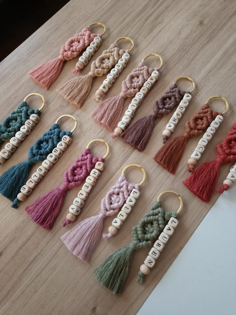 Customizable Macrame Name Keychain with a lots color options. 44 different rope colors and 10 different hook types, Perfect gift ideas for friends and family. 
Macrame Name Keyring, Macrame Wedding favors, Bridesmaid Proposals, will you be my bridesmaids, maid of honor gift, matron of honor gifts
 gifts for her, gifts for friends, gifts for friends and co-workers, macrame bag charm, birthday gifts ideas, gifts for mom, valentines day gifts, womens day gifts, mothers day gifts, gift for women