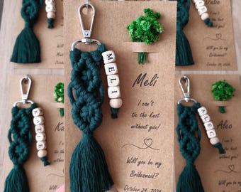 Portachiavi con nome in macramè senza o con biglietto, proposta di matrimonio per damigella d&#39;onore, bomboniera per matrimonio, regalo per festa nuziale, scatole regalo per damigelle d&#39;onore, regali per legare il nodo