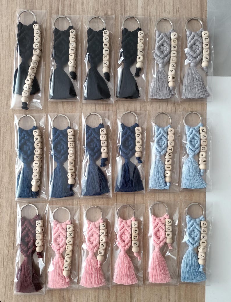 Customizable Macrame Name Keychain with a lots color options. 44 different rope colors and 10 different hook types, Perfect gift ideas for friends and family. 
Macrame Name Keyring, Macrame Wedding favors, Bridesmaid Proposals, will you be my bridesmaids, maid of honor gift, matron of honor gifts
gift for her, gifts for friends, gifts for friends and co-workers, macrame bag charm, birthday gifts ideas, mothers day gifts, womens day gifts, gift for mom, gift for women, gift for bridesmaid