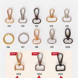 Hook options for personalized macrame keychains, showing 13 different metal clasp and key ring styles labeled H1 through H13. Customers can choose their preferred hook design in gold, silver or black finishes to customize their handmade name keychain. These hook choices are suitable for personalized gifts, Christmas keychains, bag charms, wedding favors, bridesmaid gifts, party favors and custom bulk orders.