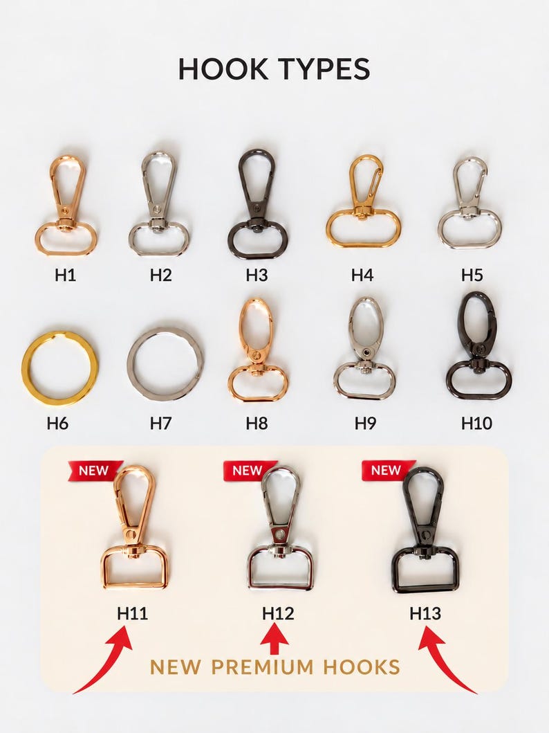 Hook options for personalized macrame keychains, showing 13 different metal clasp and key ring styles labeled H1 through H13. Customers can choose their preferred hook design in gold, silver or black finishes to customize their handmade name keychain. These hook choices are suitable for personalized gifts, Christmas keychains, bag charms, wedding favors, bridesmaid gifts, party favors and custom bulk orders.