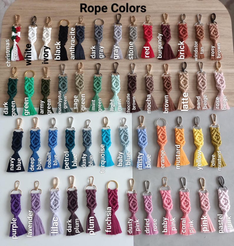 Macrame Name keychain gifts with 50 rope color options and customizable options. Wedding gifts, bridesmaid gifts, bachelorette gifts, bridal shower gifts, Bridal shower favors, engagement gifts, matron of honor gifts, maid of honor gifts, bridesmaid proposal gifts, gifts for friends, handmade keychain gifts, handmade gifts for friends and co-workers, mothers day gifts, gift for her, thoughtful gift, birthday present, gift for bridesmaid, thank you gifts, christmas gifts, stocking stuffers
