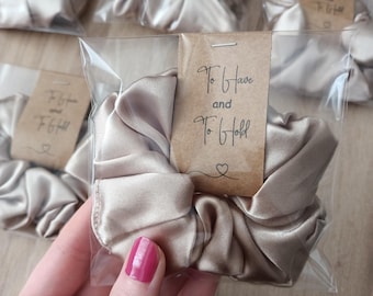 Personalized Satin Scrunchies With Custom Tag –Bridesmaid Gift, Bridal Shower Favors, Wedding Accessories, Baby Shower Gifts, Gift for Her