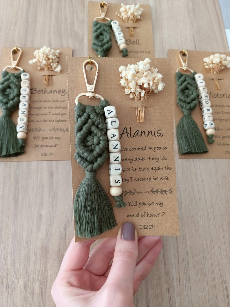 Bridesmaid Name Keychain, Macrame Name keychain gifts with 44 color options and customizable options. Wedding gifts, bridesmaid gifts, bachelorette gifts, bridal shower gifts, Bridal shower favors, matron of honor gifts, maid of honor gifts, bride favors, Tie the knot gifts, Bridesmaids gift box, Bridesmaid Proposals, Gifts for Bridesmaids, Flower Girl Gifts, Best Man Gifts, will you be my bridesmaid, bridesmaid proposal gift, wedding favors, handmade wedding gifts, name keyring, beaded keychain