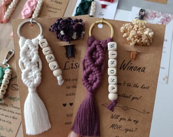 Personalized Macrame Keychain, Custom Name Beads, Flower and Custom Gift Card, Bridesmaid Gifts,  Bridal Shower Gifts, Gift for Her