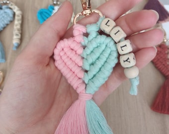 Personalized Two-Color Heart Macrame Keychain, Custom Name Keychain, Boho Bag Charm, Gift For Friends, Bridesmaid Gifts
