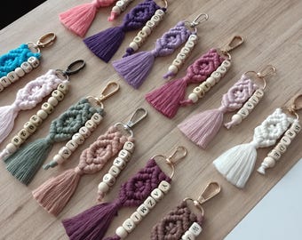 Bulk Personalized Macrame Keychains, Custom Name Bridesmaid Gifts, Wedding Favors, Boho Bridal Party Keyring