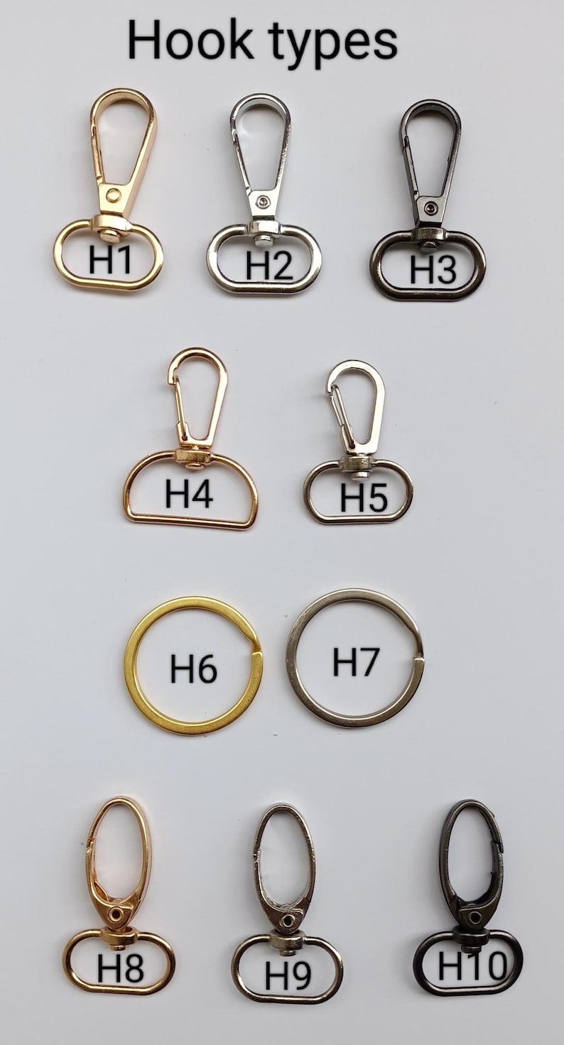 10 different hardware styles and colors including gold, silver, black clasps for keyrings.
Silver and gold hooks and rings. High quality products for your special day. For these gifts you can select whatever you want because it is your special day and we are here to make it your macrame handmade keychain gift more special and unique.
10 Clasp Styles - Match Your Vibe
