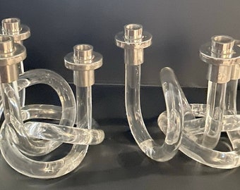 Dorothy Thorpe Mid-Century Pretzel Lucite Candleholder SET.