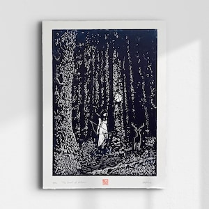 Artemis Deer Woodcut Print | Diana Moon Goddess in Forest | Feminine Art | Greek Mythology Wall Decor