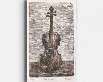 Violin Woodcut Print, Handmade Music Art, Traditional Wood Engraving, Small Unframed Art