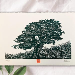 Cedar tree art Lebanon woodcut print original, green colour, handmade wall art decor, Limited Edition Nature Print | Cultural Gift