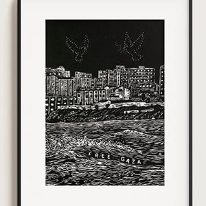 Palästina Kunst, free Gaza original Holzschnitt Druck, Stadt Gebäude und Meer mit Friedenstauben am Himmel