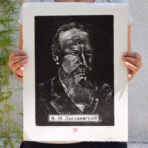 Dostoevsky Portrait – Literary Woodcut Print of Dostoevsky – Black and White Handmade Print – Russian Author Wall Art – Gift for Book Lovers