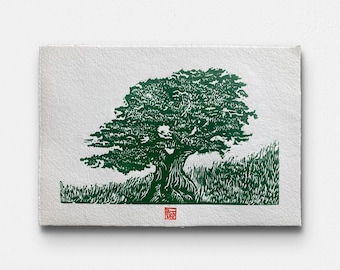 Cedar of Lebanon Woodcut Print, Handmade Tree Art in Green Ink, Symbolic Nature Wall Art