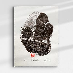 Paysage avec de grands arbres | Impression gravure sur bois : agriculture, ferme, art paysager rustique en bois d'olivier
