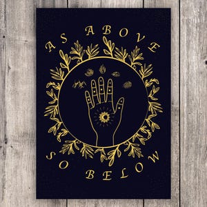 Alchemist 5 Elements, esoteric digital printable art, magical, spiritual wall decor with the quote “As Above, so below”, gold and blue black