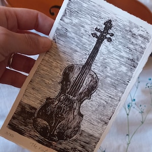 Lámina artística de violín: grabado original hecho a mano, arte de instrumento musical, regalo para amantes de la música