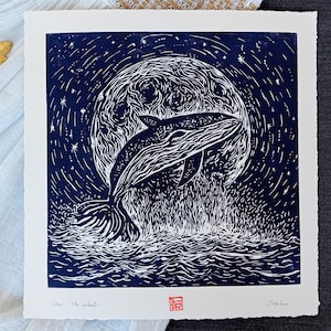 The Whale – Celestial Ocean Woodcut Print | Handmade Linocut Wall Art | Whale Jumping Under Moonlight | Limited Edition Ocean Art Print