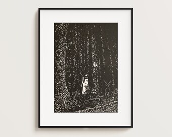 The forest of Artemis woodcut print Diana with deer hunting in the moonlight handmade art original