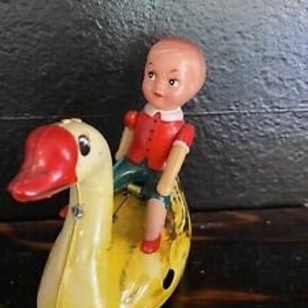 Vintage Tin Toy Wind Up w/ Girl Fishing on Goose