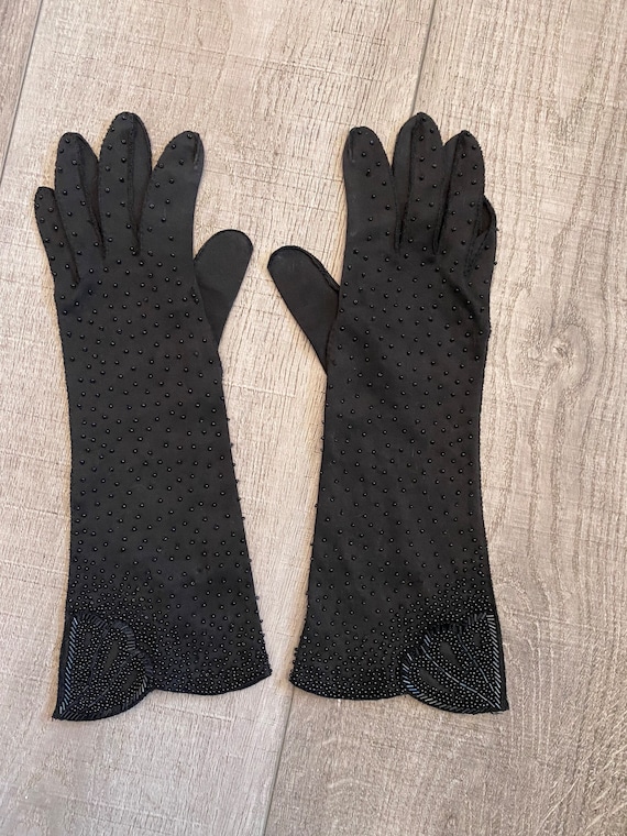 Vintage beaded black cotton gloves