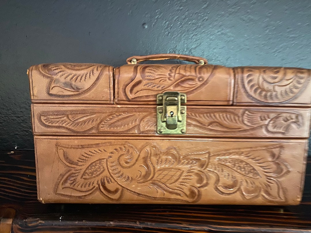 Vintage Tooled Brown Leather Train Case With Mirror and Key Etsy