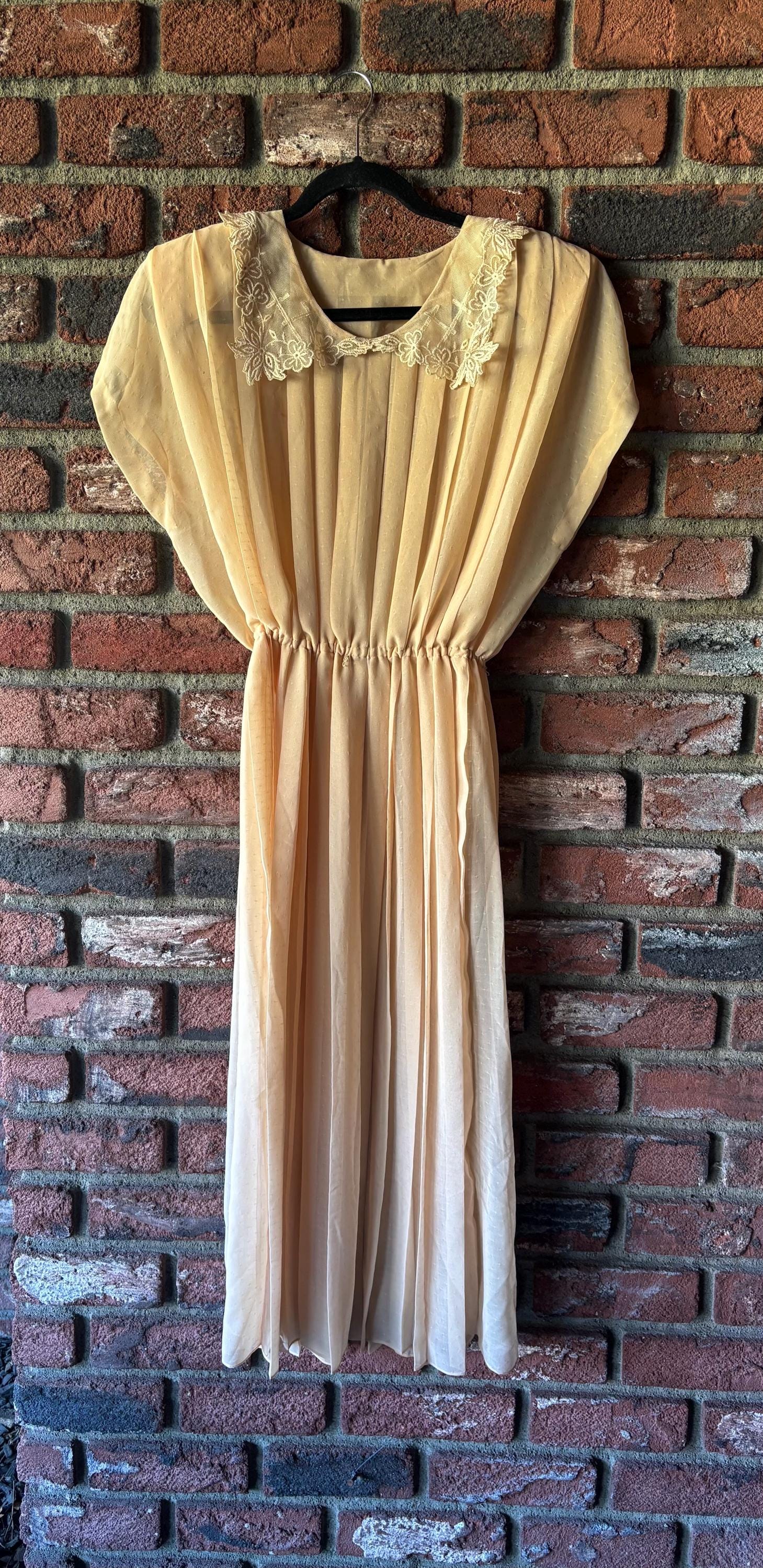 Vintage 70’s/80’s dusty peach chiffon dress with lace collar.