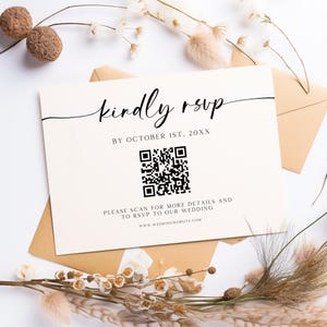 Bearbeitbare DIY Rsvp Qr Code Card Canva Vorlage, minimalistische Schwarzweiß-Hochzeits-Online-Antwortkarte, Hochzeitseinladungs-Skript-Antwortbeilage