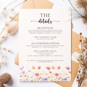 Modello di biglietto con dettagli floreali per matrimonio Canva, inserto per invito matrimonio modificabile, biglietto di invito matrimonio stampabile, semplice biglietto promemoria matrimonio