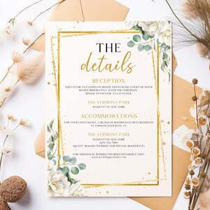 Modello Canva per biglietti di nozze con dettagli in oro e verde salvia, inserto per invito di nozze modificabile, biglietto di allegato stampabile, semplice biglietto di promemoria per matrimonio