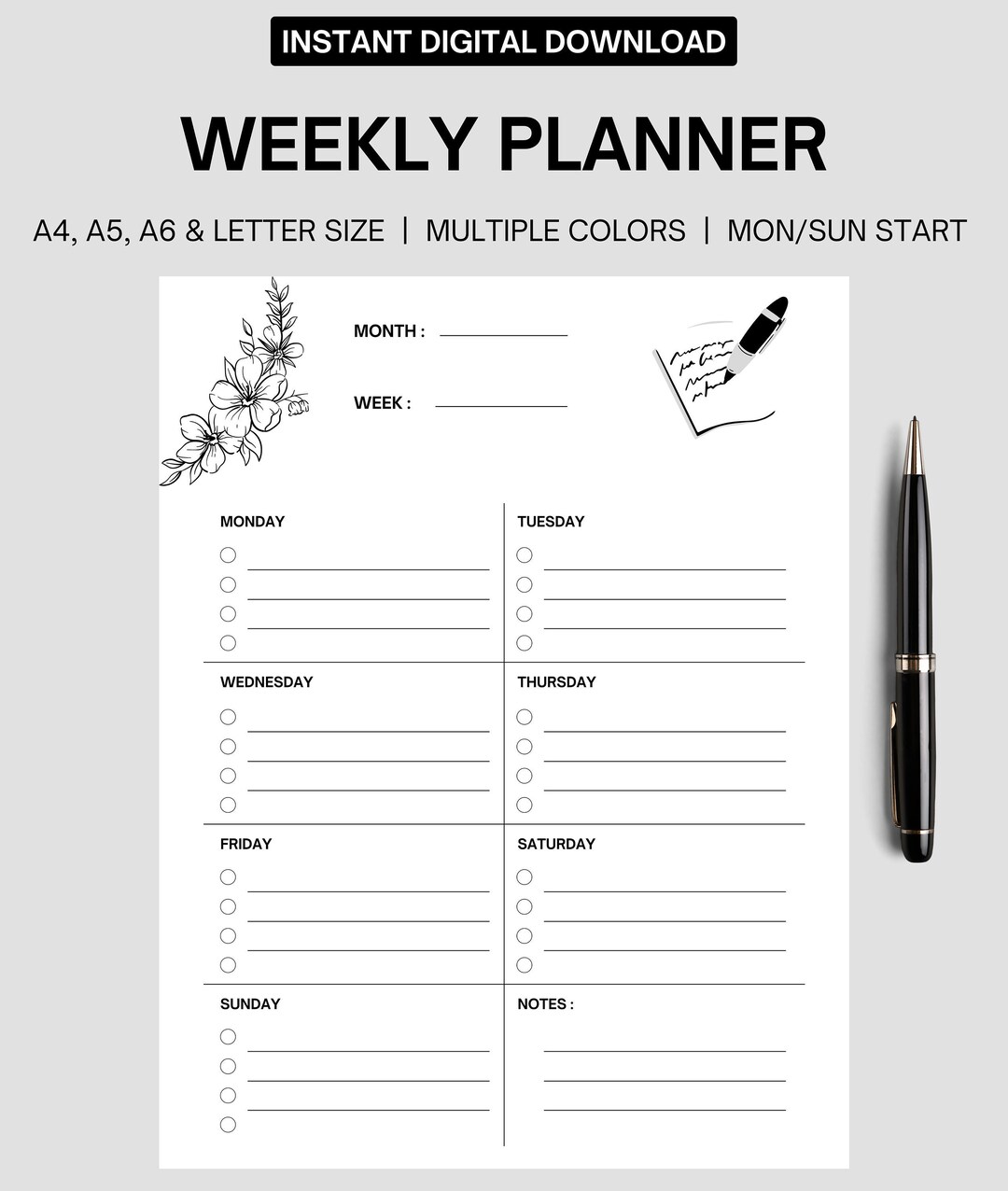 Weekly Planner Printable,weekly Schedule Landscape,daily Planner